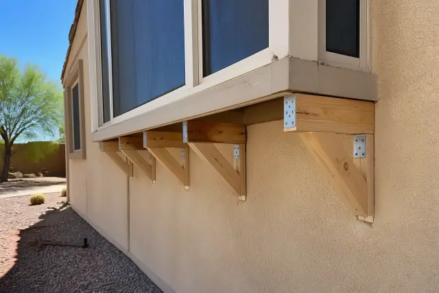 Contractor inspecting bay window support brackets on a stucco home in Mesa, AZ.