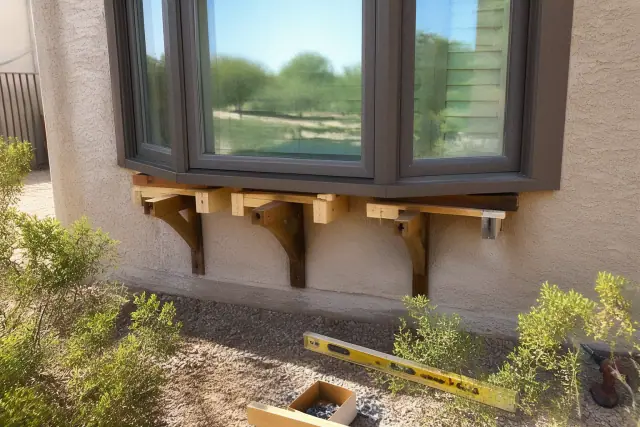 Contractor inspecting and reinforcing bay window support brackets on a stucco home in Glendale, AZ.