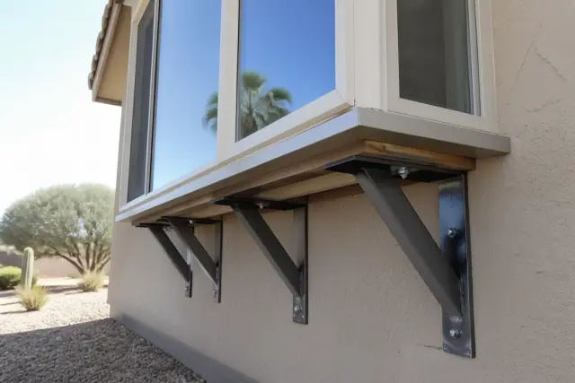 Contractor inspecting metal support brackets and wood blocking under a bay window on a stucco home in Goodyear, AZ.