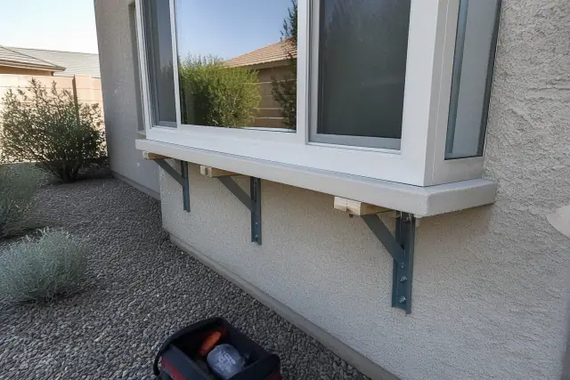 Steel support brackets being installed and reinforced under bay windows on a stucco home in Queen Creek, AZ.