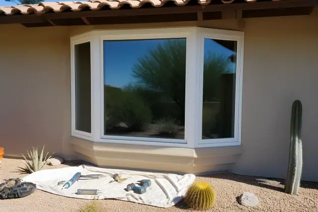 Bay and bow window installation with tools and desert landscaping in Scottsdale, AZ.
