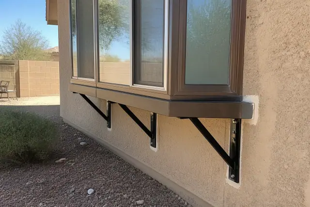 Metal support brackets being installed and sealed under a bay window on a stucco wall in Peoria, AZ.