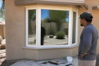 Worker observing newly installed bay and bow windows with tools on a drop cloth in a Phoenix, AZ home.