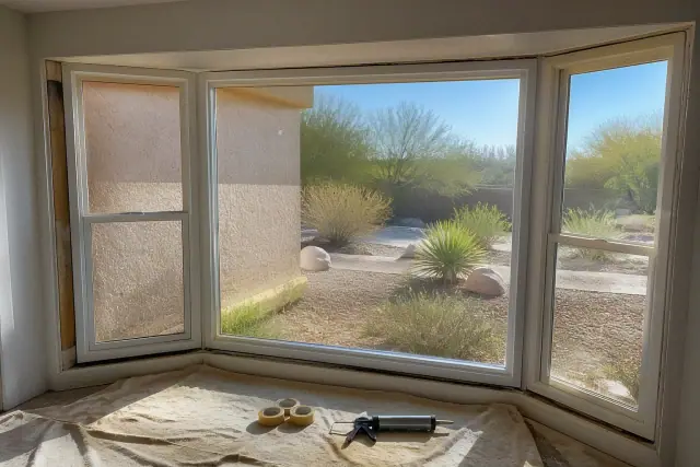 Custom-angled bow window installation in progress inside a residential home in Phoenix, AZ.