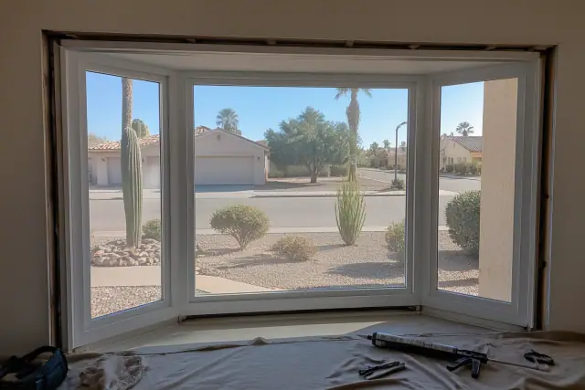 Bow window installation in progress at a residential home in Phoenix, AZ, with tools and materials on a drop cloth.
