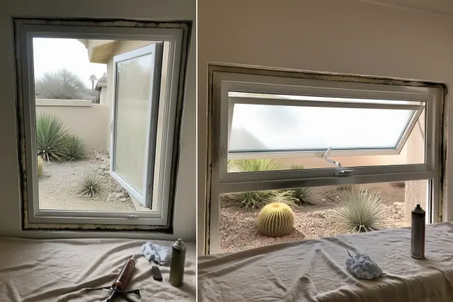 Casement and awning window installation on a residential jobsite in Phoenix, AZ, with sealing supplies on a drop cloth.