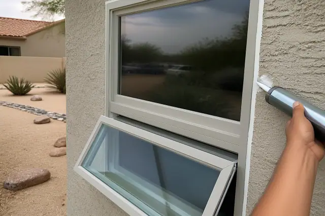 Contractor applying fresh caulk to a new casement window on a stucco home in Glendale, AZ.
