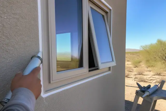 Contractor sealing a new window with caulk on a stucco home in Queen Creek, AZ.
