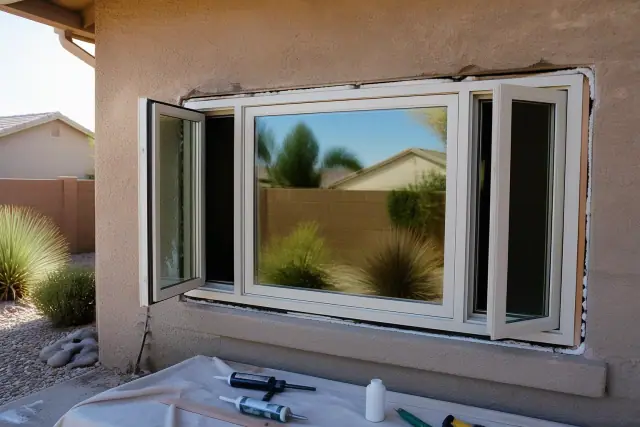 Casement and awning window installation in progress on a stucco home in Gilbert, AZ.