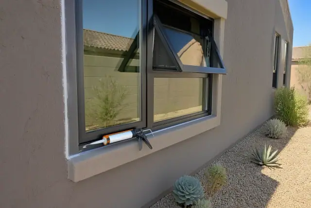Freshly caulked window frame on a stucco wall in a Goodyear, AZ landscape with desert succulents and a caulk gun.