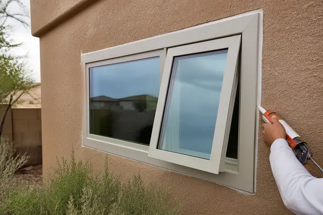 A contractor caulking a newly installed casement window on a stucco home in Chandler, AZ.