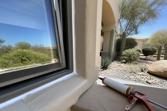 Technician sealing casement window trim with fresh white caulk on a stucco home in Scottsdale, AZ.