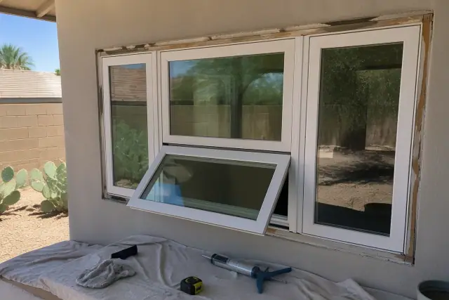 New casement and awning window installation in a Mesa, AZ home with tools on a drop cloth.