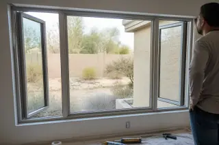 Technician inspecting a finished casement and awning window installation at a stucco home in Phoenix, AZ.