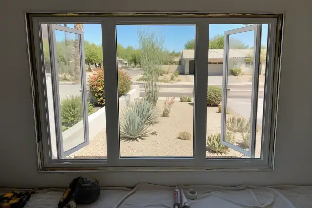 Casement window installation in progress at a residential home in Phoenix, AZ.