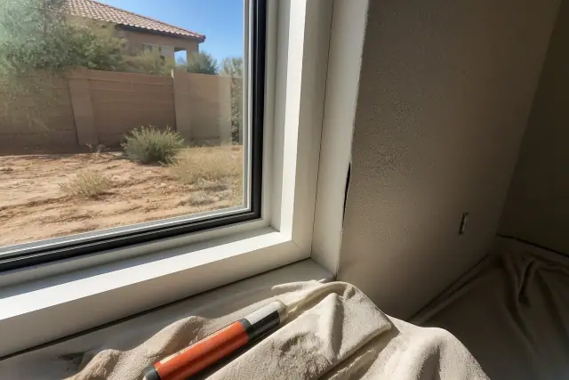 A window frame installed in a stucco wall at a residential job site in Phoenix, AZ, with tools on a drop cloth.
