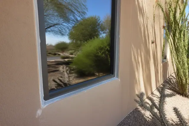 Contractor caulking the frame of a newly installed commercial window on a stucco wall in Phoenix, AZ.