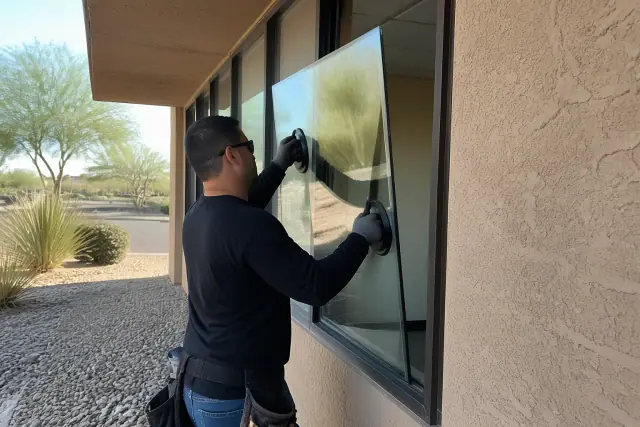 Technician installing a commercial glass window pane using suction tools at a job site in Phoenix, AZ.