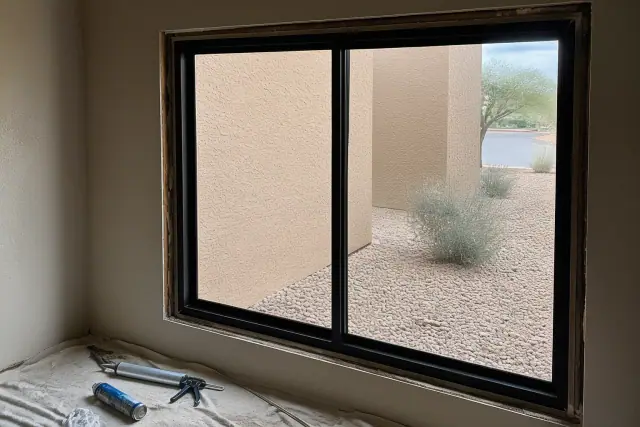A commercial window frame installation in progress at a jobsite in Phoenix, AZ, with tools on a drop cloth.