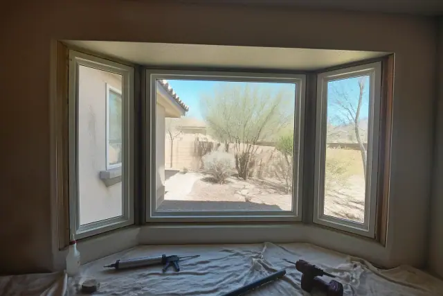 Window frame installation for bay and bow windows at a jobsite in Phoenix, AZ.