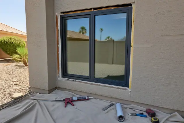 Commercial window installation featuring tools and materials on a drop cloth against a stucco wall in Phoenix, AZ.