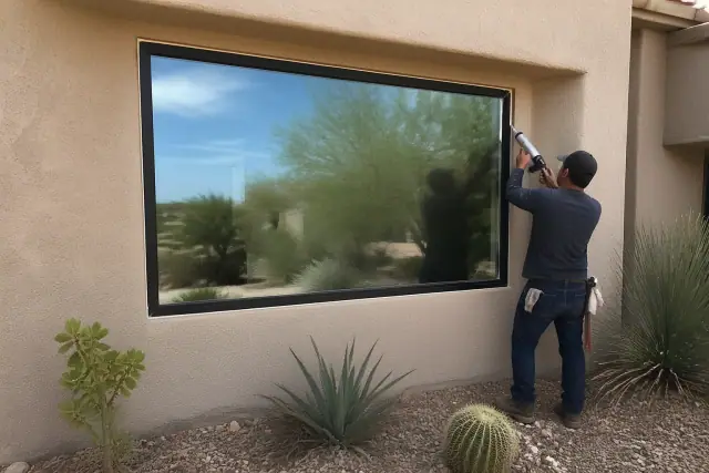 Contractor sealing a newly installed picture window with caulk on a stucco home in Phoenix, AZ.
