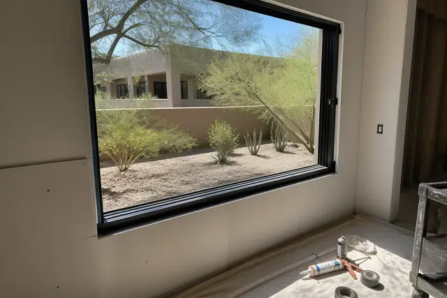 Commercial window frame installation in progress at a jobsite in Chandler, AZ.