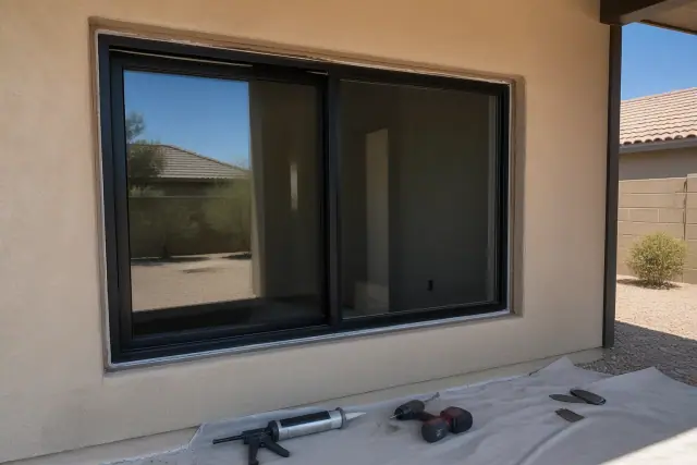 Commercial window frame installation with tools and sealant at a job site in Mesa, AZ.