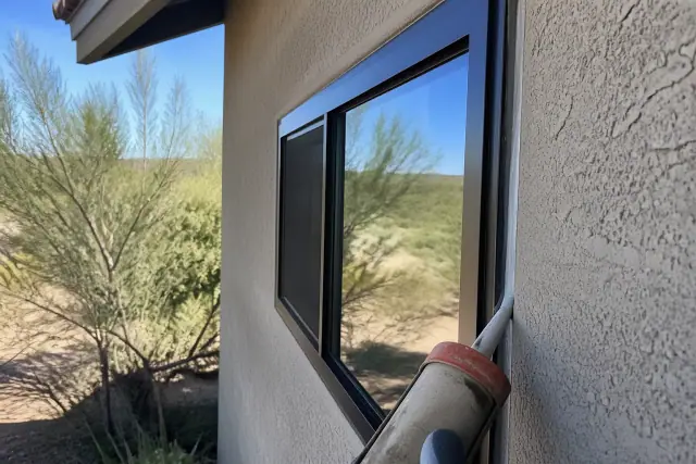 Freshly caulked window frame on a stucco wall at a job site in Goodyear, AZ.