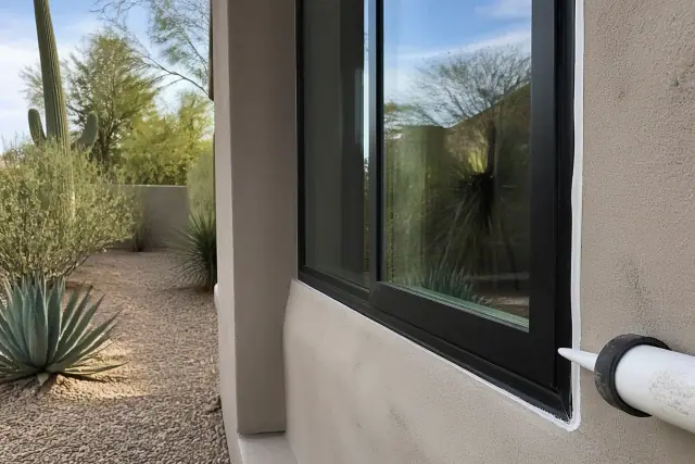 A worker sealing the perimeter of a new window with caulk on a stucco home in Scottsdale, AZ.