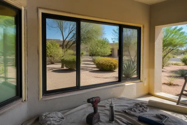 Newly installed window frame with tools and sealing materials on a drop cloth at a Glendale, AZ jobsite.