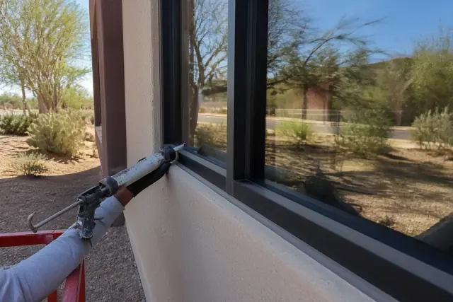 A technician sealing the edges of new storefront windows with caulk on a commercial building in Phoenix, AZ.