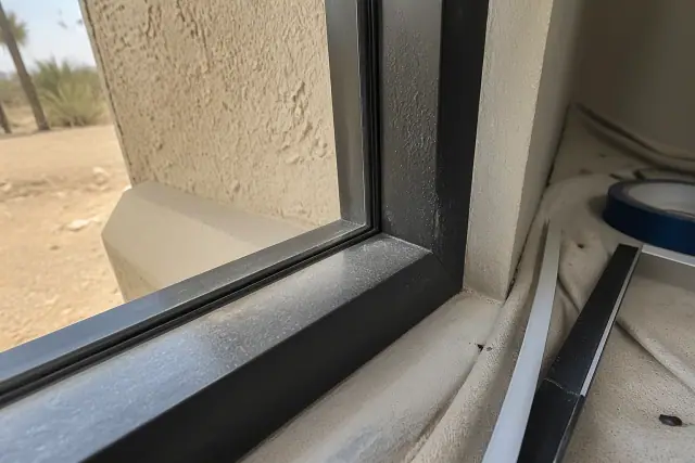 Close-up of condensation and pitting on a window frame corner in a Phoenix, AZ home.