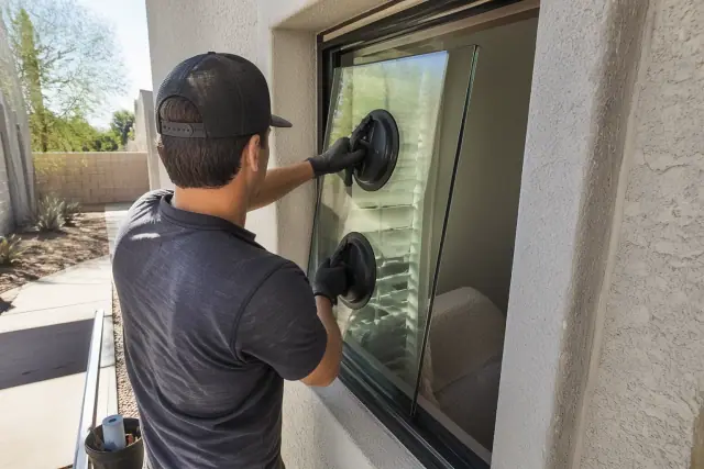 Technician using suction tools to install a replacement glass window insert at a job site in Phoenix, AZ.