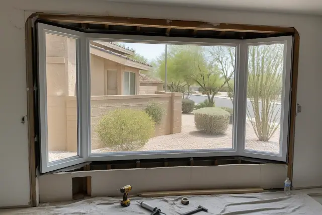 Custom bay window frame installation in progress at a home in Phoenix, AZ, with tools visible on a drop cloth.