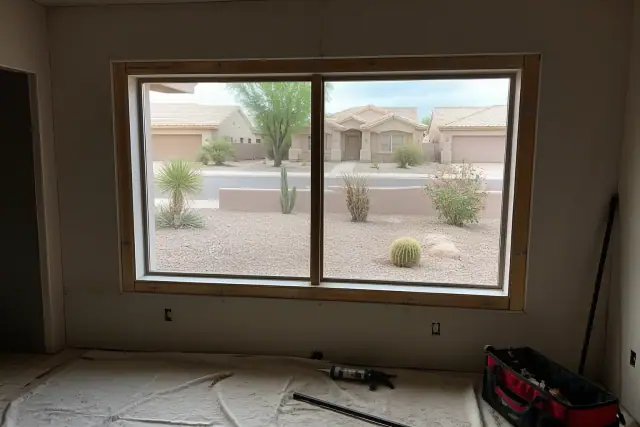 Custom window frame installation on a stucco home in Phoenix, AZ, with tools and materials on a drop cloth.