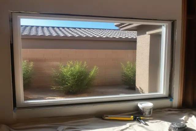Window frame installation in progress on a stucco wall at a job site in Phoenix, AZ.