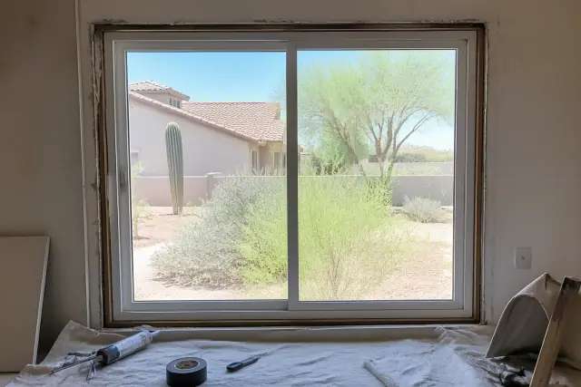 New window frame being installed in a home in Phoenix, AZ, with tools visible on a drop cloth.