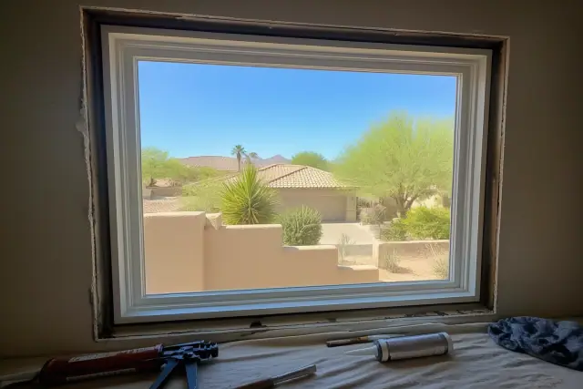 A window frame being installed in a stucco home in Glendale, AZ, with tools and sealing materials on a drop cloth.