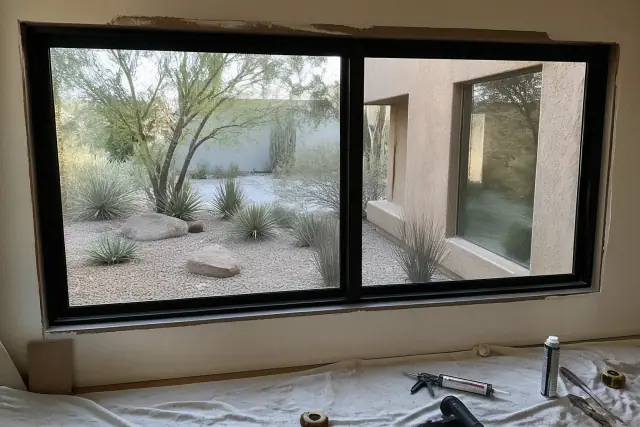 Custom window frame installation in a Scottsdale, AZ home with tools on a drop cloth and desert landscaping outside.
