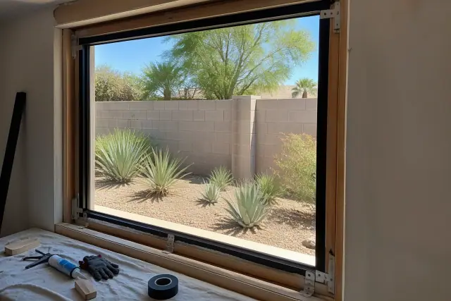 Custom window frame installation on a jobsite in Chandler, AZ, with tools and desert landscaping visible.