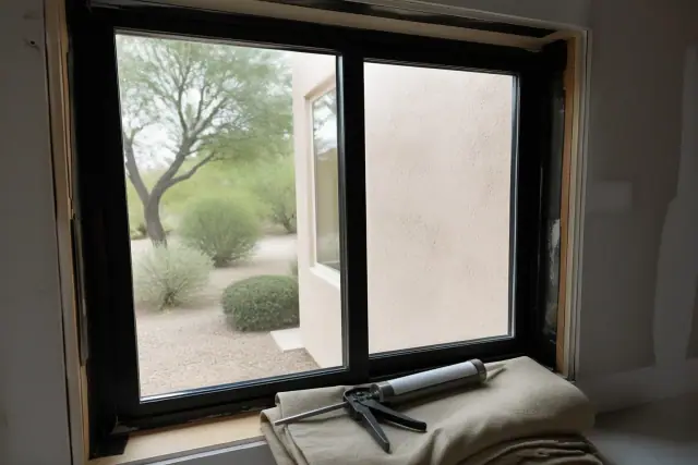 Newly installed window frame with tools and drop cloth at a home construction site in Peoria, AZ.