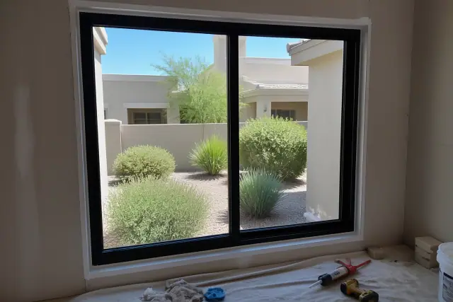 Custom window frame installation in a Tempe, AZ home with fresh sealant and tools on a drop cloth.