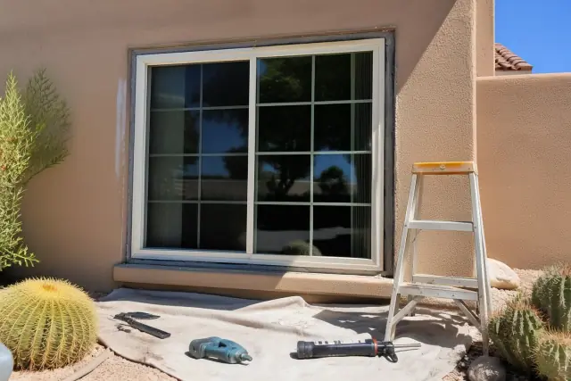 A custom window installation with tools and desert landscaping in Gilbert, AZ.