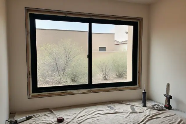 A window frame being installed in a stucco wall with construction tools on a drop cloth in Phoenix, AZ.
