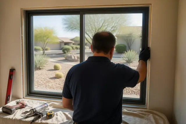 A professional installing a window frame in a Phoenix, AZ home with tools on a drop cloth.