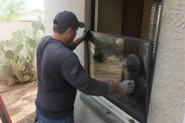 A technician uses suction tools to install insulated glass into a window sash at a jobsite in Phoenix, AZ.