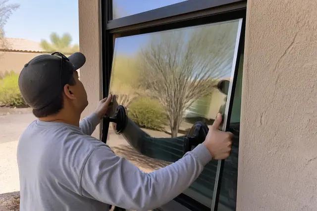 Technician installing double-pane Low-E glass into a window frame at a home in Phoenix, AZ.