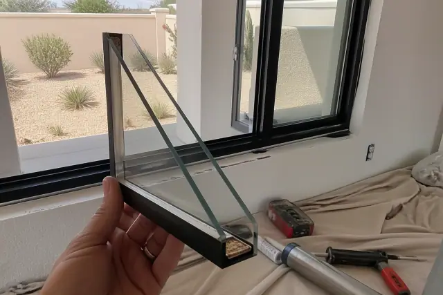 Double-pane low-E glass cutaway in a window frame at a job site in Phoenix, AZ.