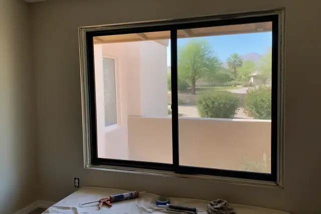 Double-pane window frame installation with tools on a drop cloth at a jobsite in Phoenix, AZ.